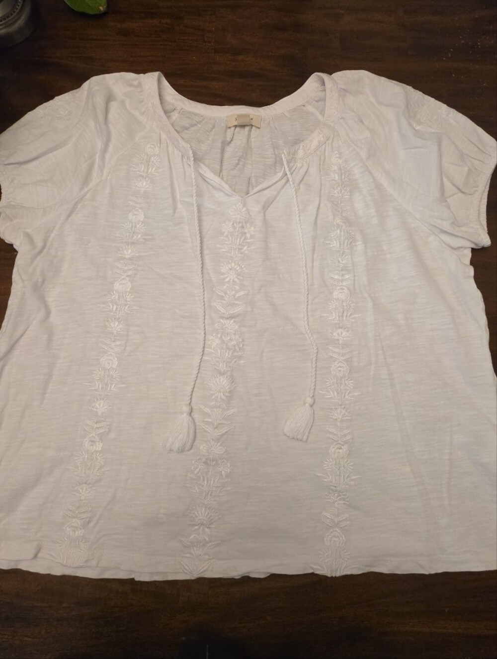 Style & Co Boho Textured Split Neck Short Sleeve Blouse White Large